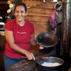 A happy woman with her new stove