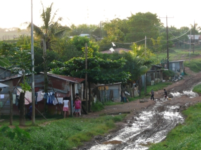 A dirt road surrounded by basic houses