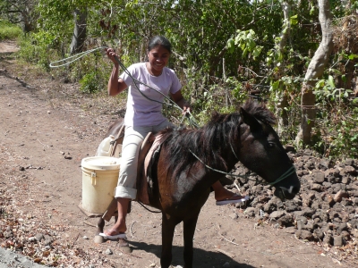 A woman collecting water on horseback